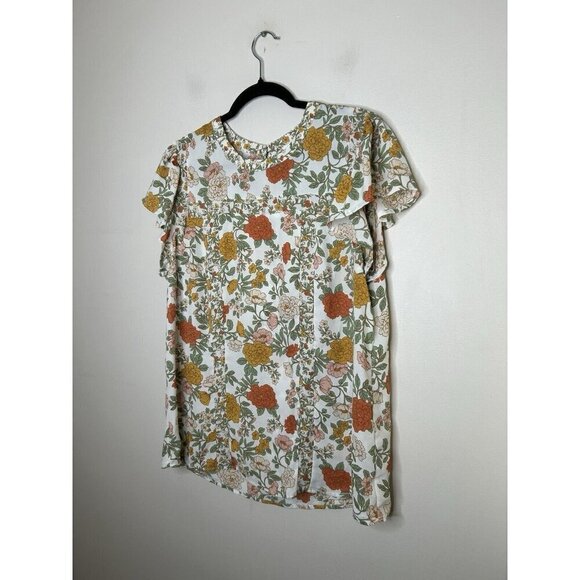 DR2 White Yellow Floral Top Tunic Light Weight Short Sleeve Blouse Size Large - Picture 2 of 10